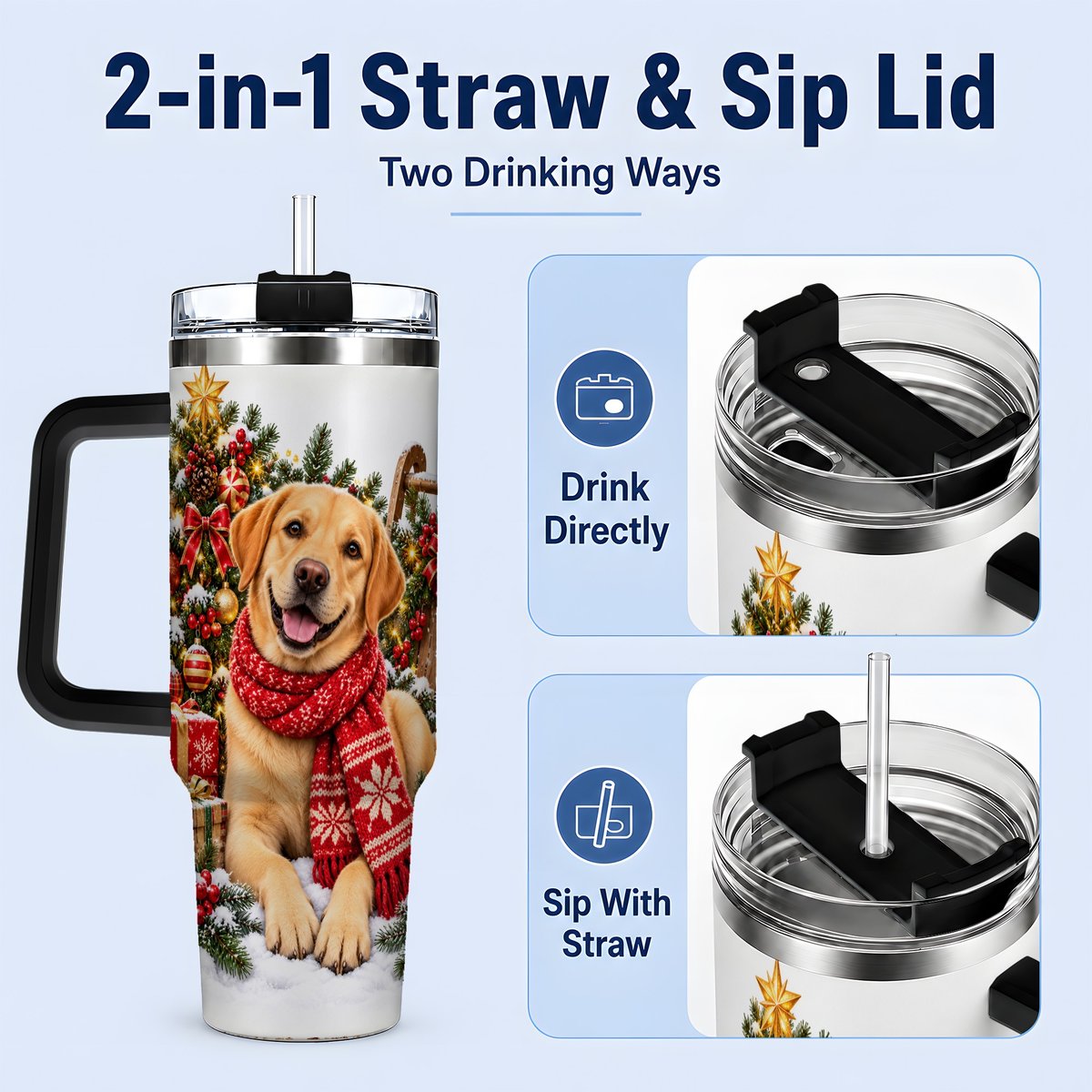 #pl[40oz|Black] Golden Retriever Christmas Scarf Handled Tumbler 40oz