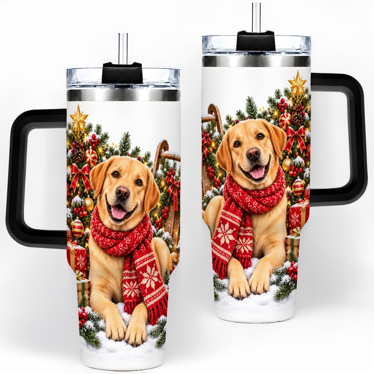 #pl[40oz|Black] Golden Retriever Christmas Scarf Handled Tumbler 40oz
