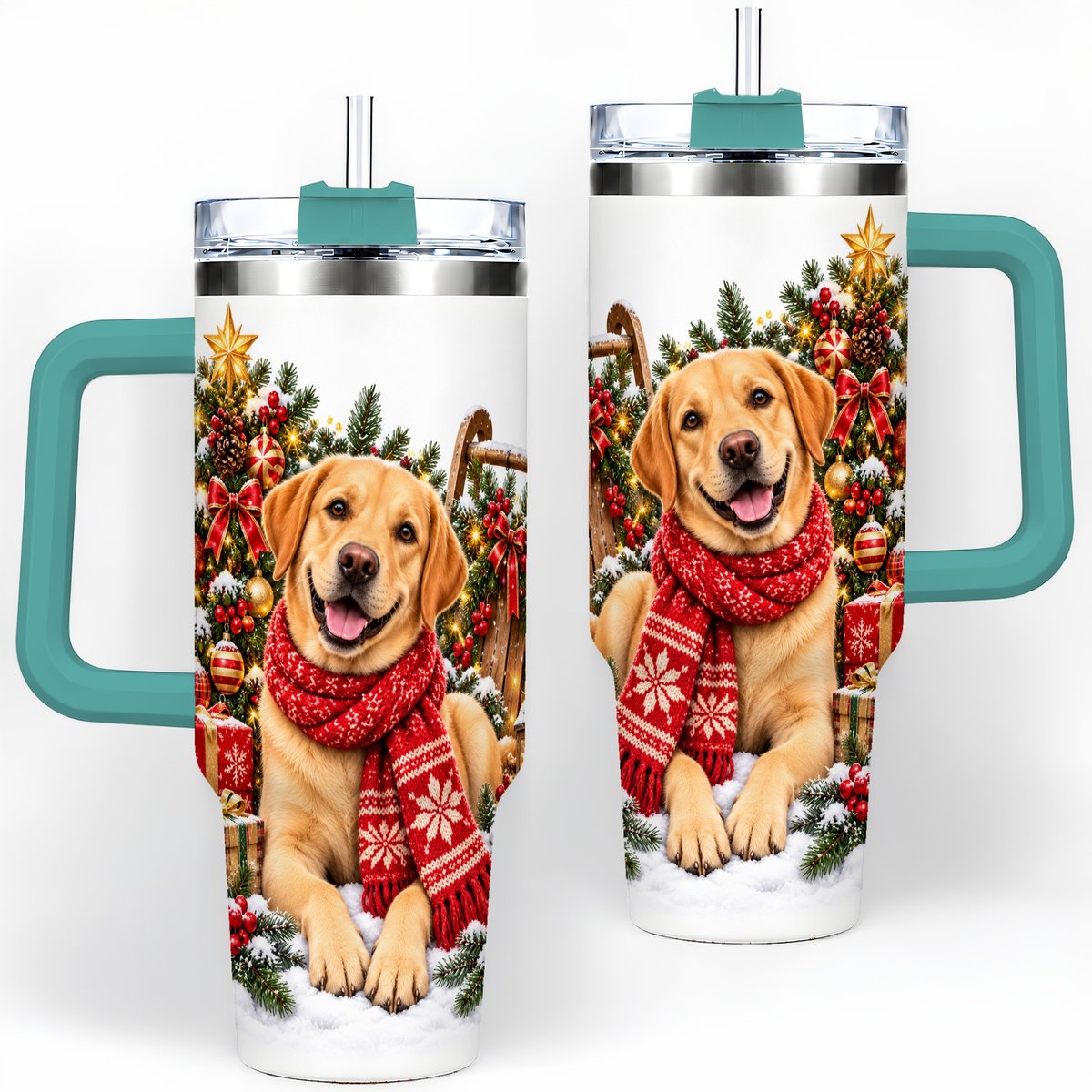 #pl[40oz|Green] Golden Retriever Christmas Scarf Handled Tumbler 40oz