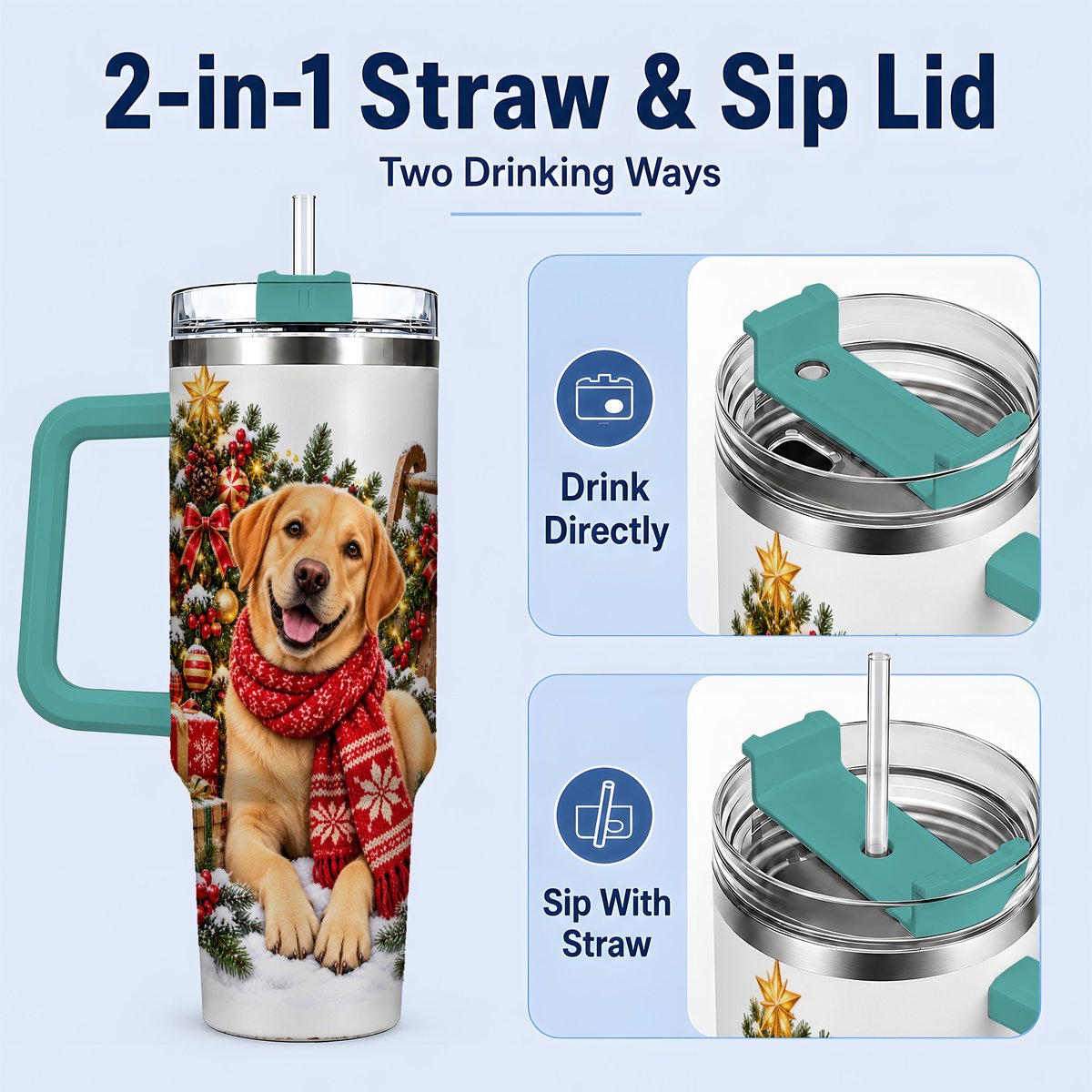 #pl[40oz|Green] Golden Retriever Christmas Scarf Handled Tumbler 40oz