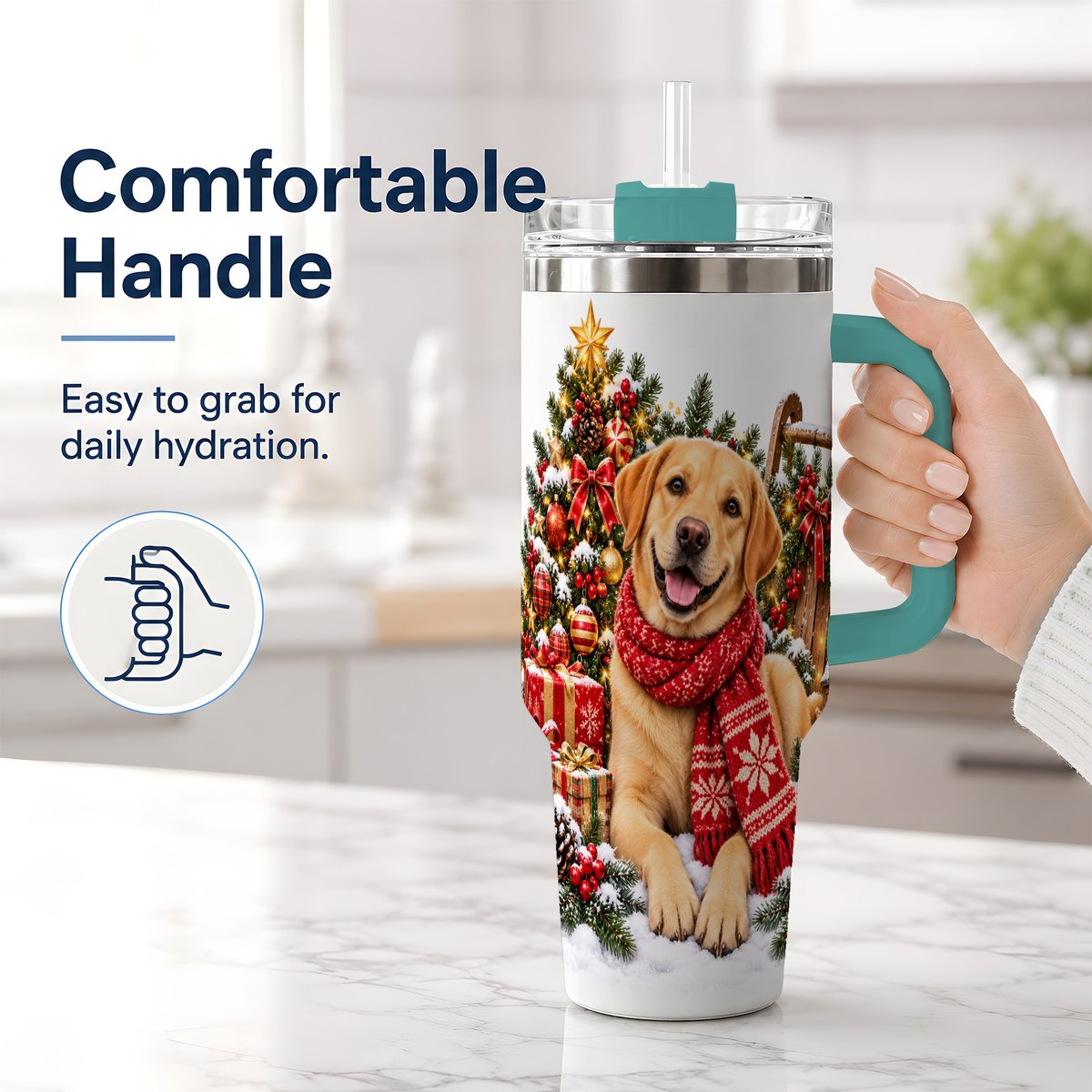 #pl[40oz|Green] Golden Retriever Christmas Scarf Handled Tumbler 40oz