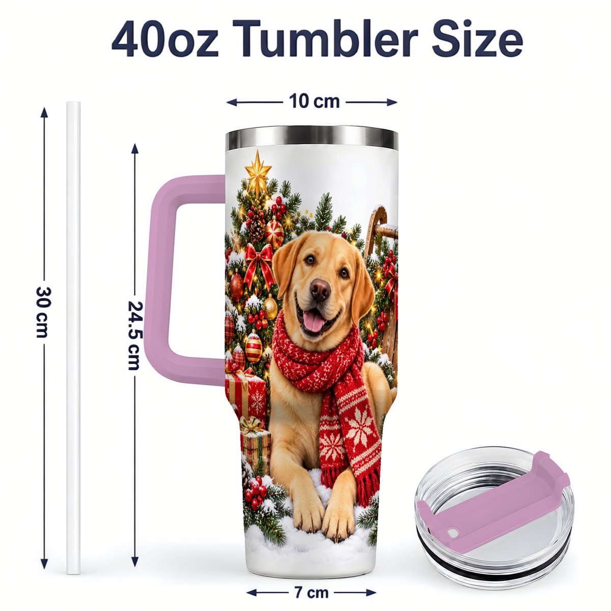 #pl[40oz|Pink] Golden Retriever Christmas Scarf Handled Tumbler 40oz