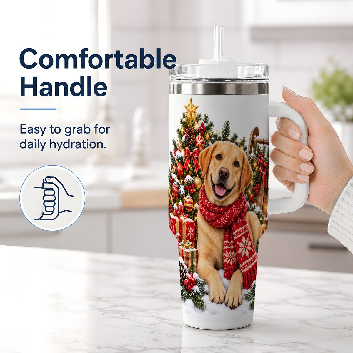 #pl[40oz|White] Golden Retriever Christmas Scarf Handled Tumbler 40oz
