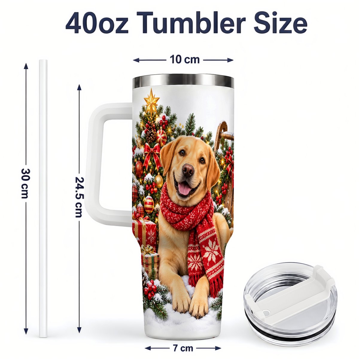 #pl[40oz|White] Golden Retriever Christmas Scarf Handled Tumbler 40oz