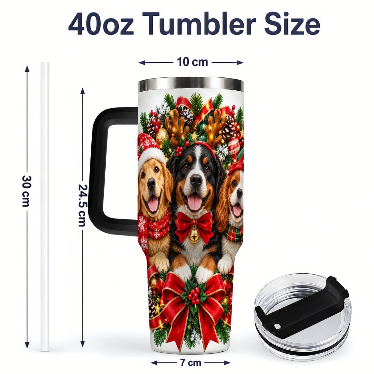 #pl[40oz|Black] Christmas Dog Trio Wreath Handled Tumbler 40oz
