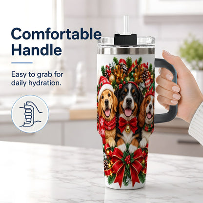 #pl[40oz|Black] Christmas Dog Trio Wreath Handled Tumbler 40oz