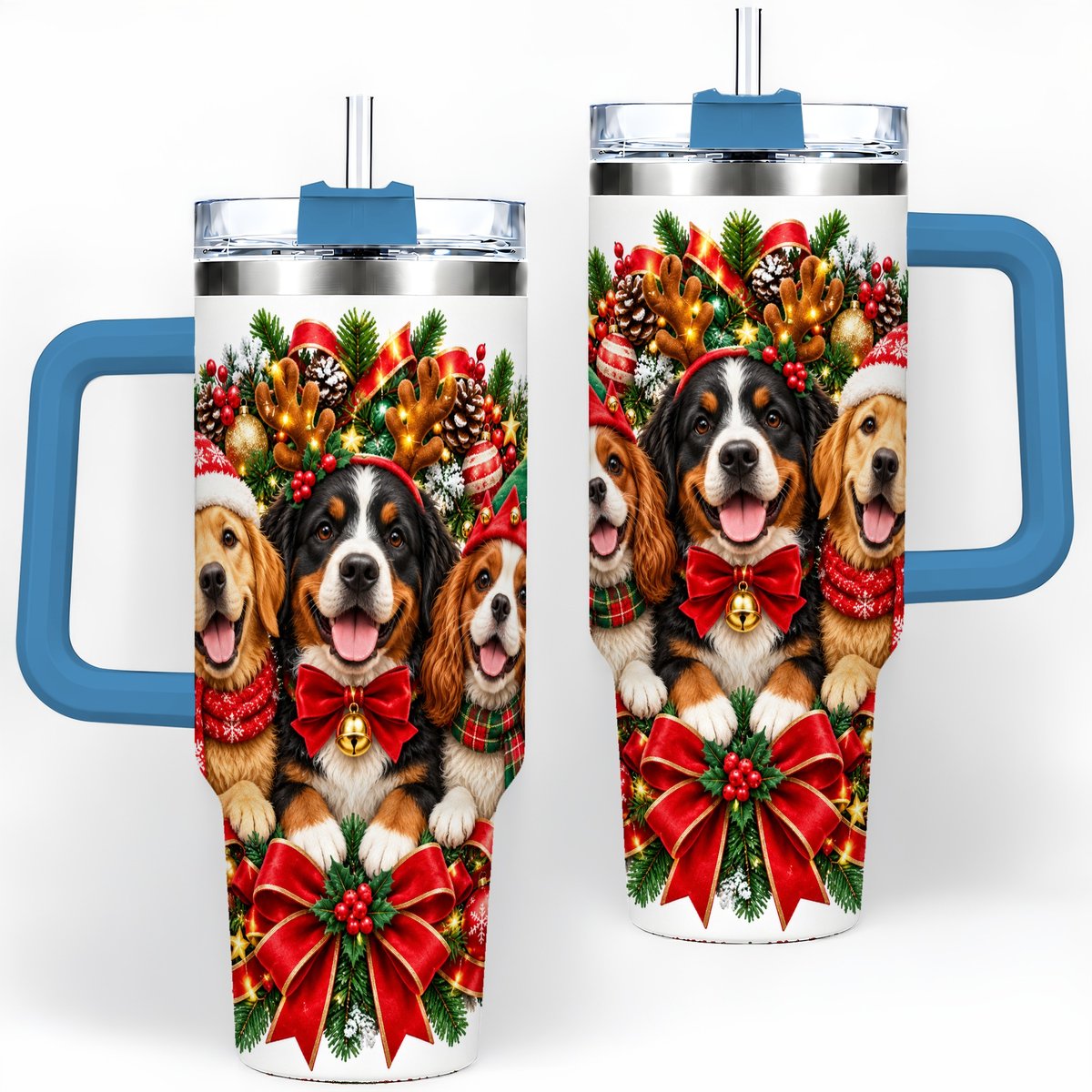 #pl[40oz|Blue] Christmas Dog Trio Wreath Handled Tumbler 40oz