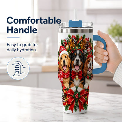 #pl[40oz|Blue] Christmas Dog Trio Wreath Handled Tumbler 40oz