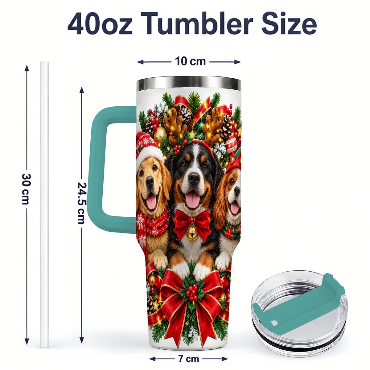 #pl[40oz|Green] Christmas Dog Trio Wreath Handled Tumbler 40oz