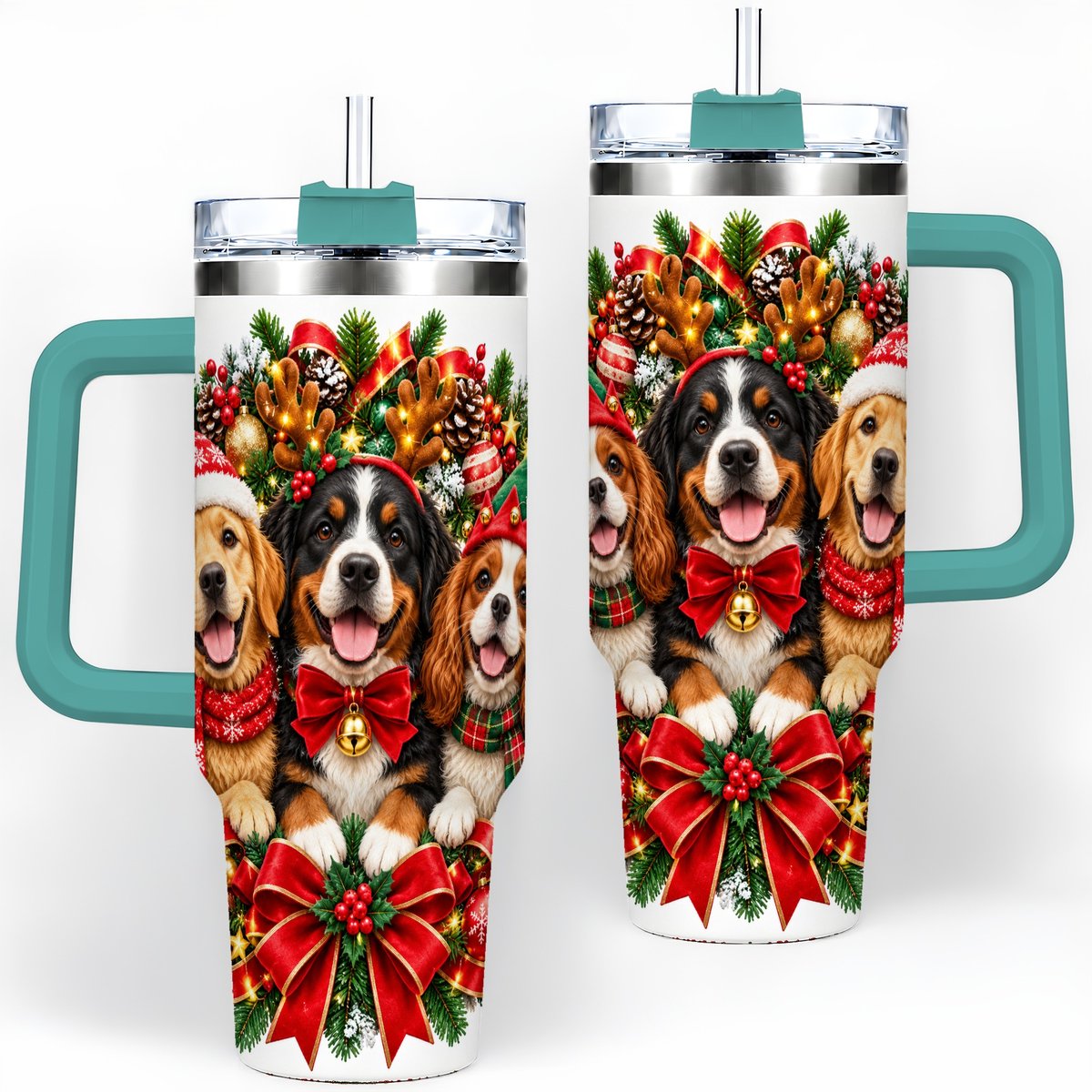 #pl[40oz|Green] Christmas Dog Trio Wreath Handled Tumbler 40oz