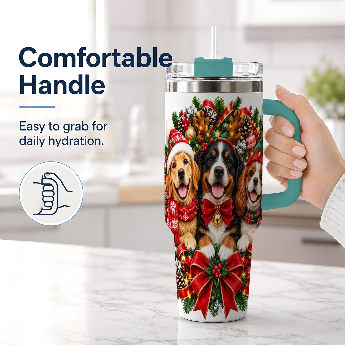 #pl[40oz|Green] Christmas Dog Trio Wreath Handled Tumbler 40oz