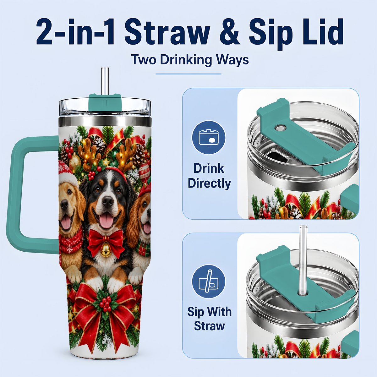 #pl[40oz|Green] Christmas Dog Trio Wreath Handled Tumbler 40oz