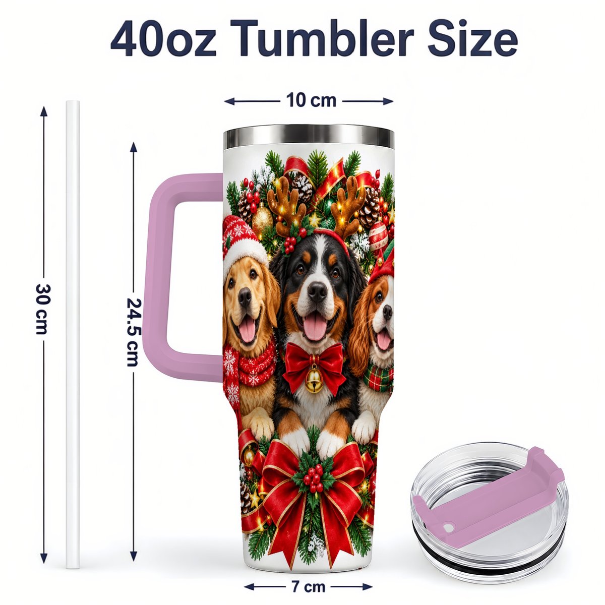 #pl[40oz|Pink] Christmas Dog Trio Wreath Handled Tumbler 40oz
