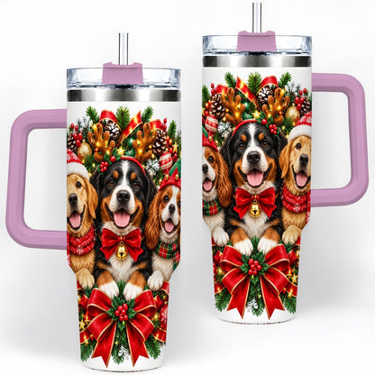 #pl[40oz|Pink] Christmas Dog Trio Wreath Handled Tumbler 40oz