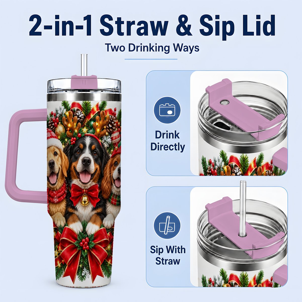 #pl[40oz|Pink] Christmas Dog Trio Wreath Handled Tumbler 40oz