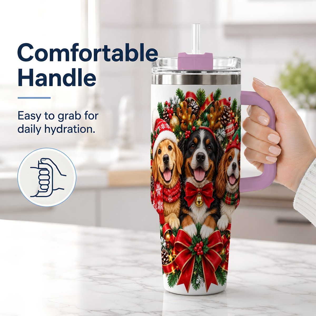 #pl[40oz|Pink] Christmas Dog Trio Wreath Handled Tumbler 40oz
