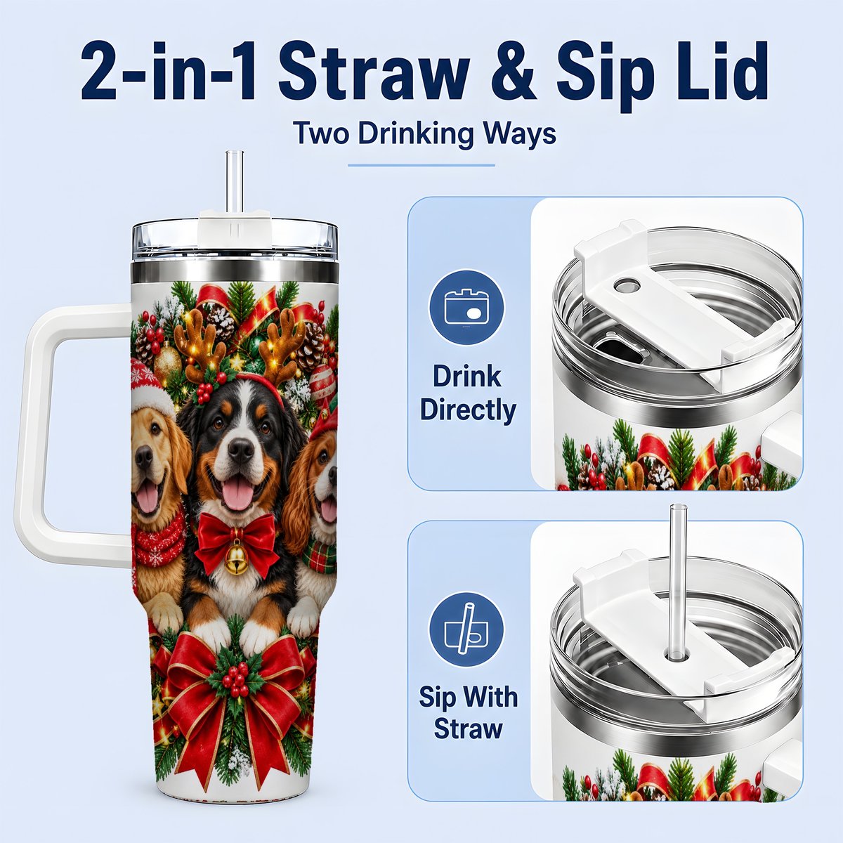 #pl[40oz|White] Christmas Dog Trio Wreath Handled Tumbler 40oz