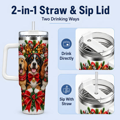 #pl[40oz|White] Christmas Dog Trio Wreath Handled Tumbler 40oz