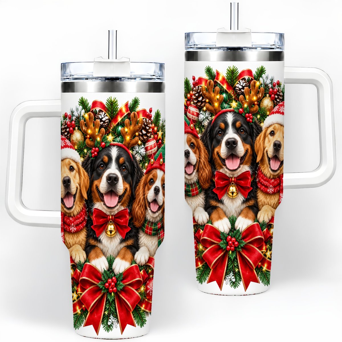 Christmas Dog Trio Wreath Handled Tumbler 40oz
