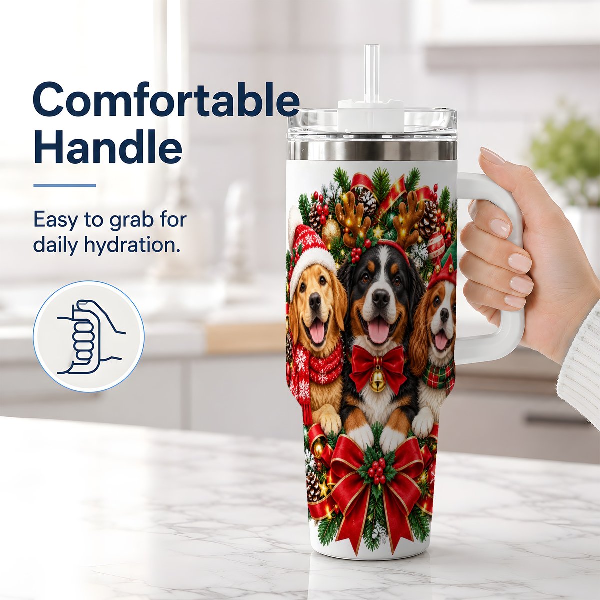 #pl[40oz|White] Christmas Dog Trio Wreath Handled Tumbler 40oz