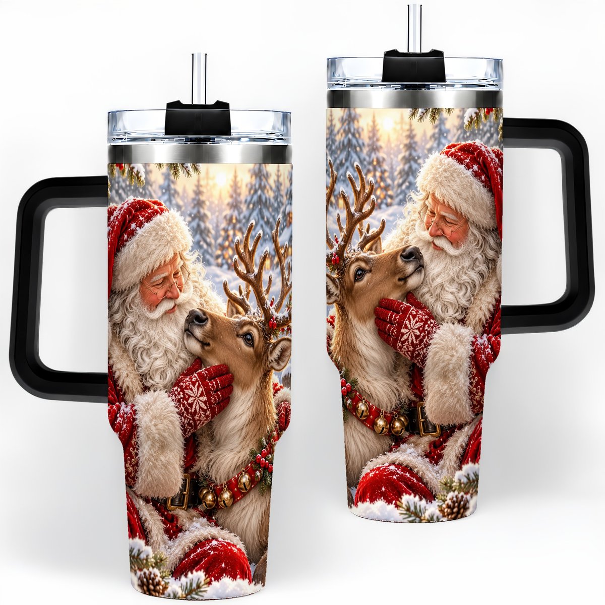 #pl[40oz|Black] Santa Claus and Reindeer Winter Handled Tumbler 40oz