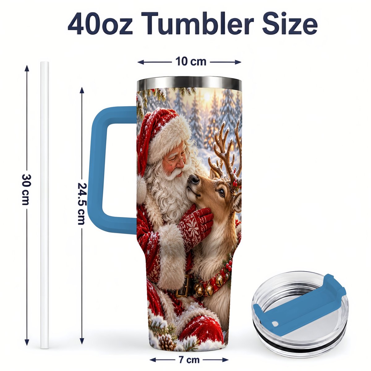 #pl[40oz|Blue] Santa Claus and Reindeer Winter Handled Tumbler 40oz