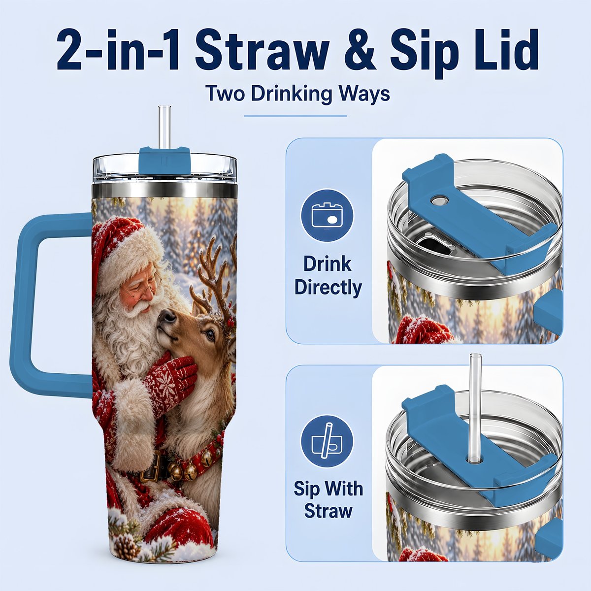 #pl[40oz|Blue] Santa Claus and Reindeer Winter Handled Tumbler 40oz