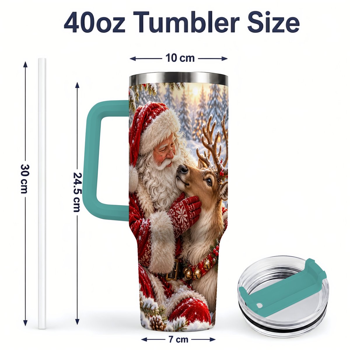#pl[40oz|Green] Santa Claus and Reindeer Winter Handled Tumbler 40oz