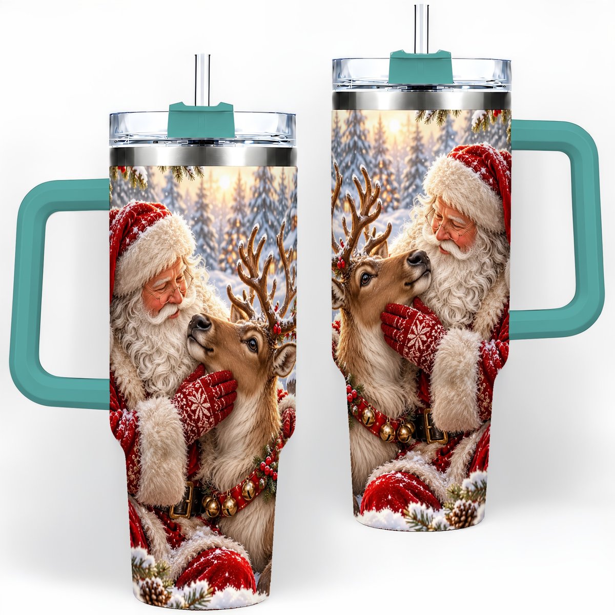 #pl[40oz|Green] Santa Claus and Reindeer Winter Handled Tumbler 40oz