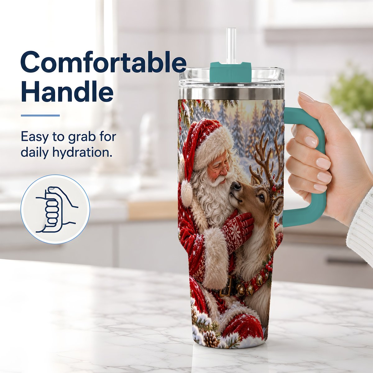 #pl[40oz|Green] Santa Claus and Reindeer Winter Handled Tumbler 40oz