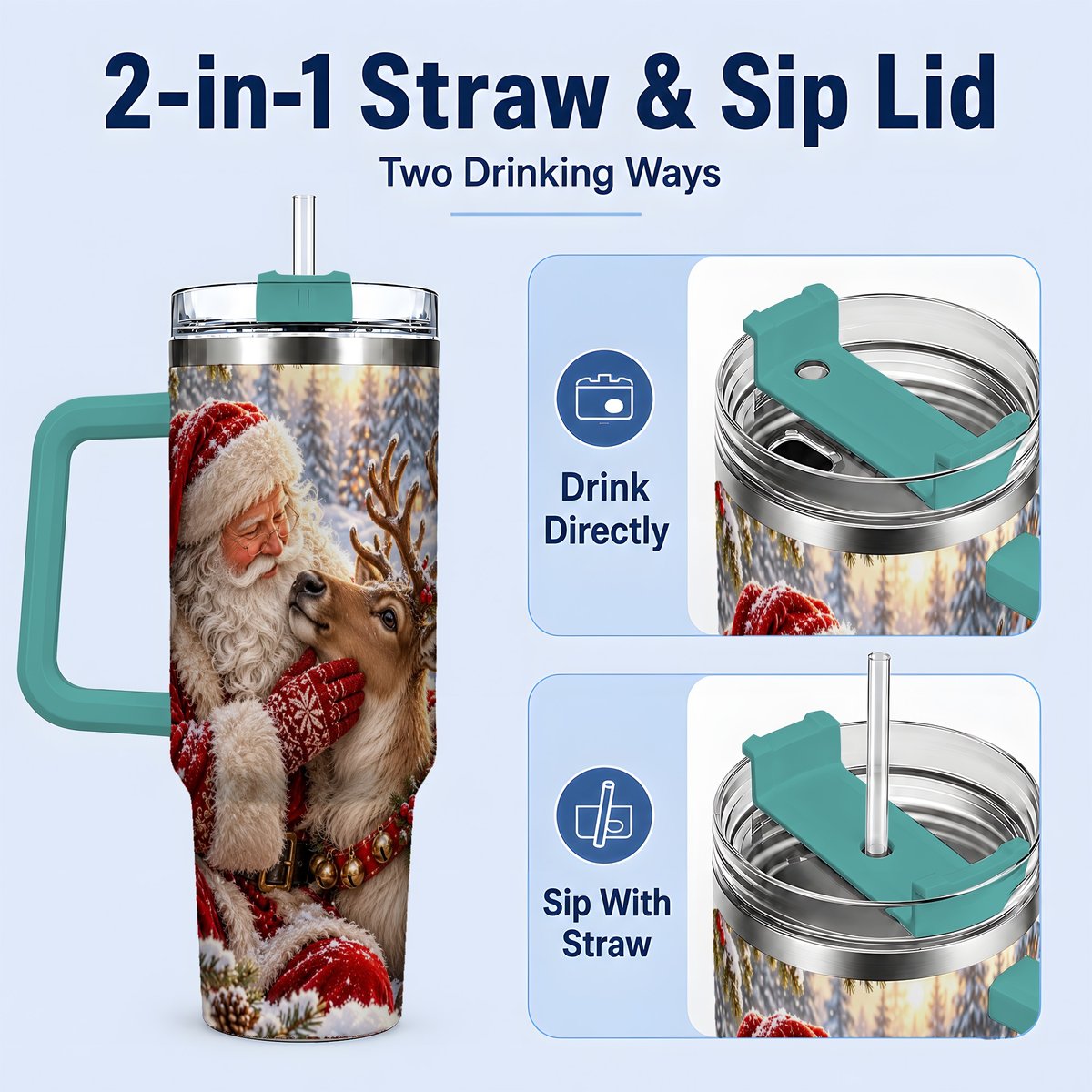#pl[40oz|Green] Santa Claus and Reindeer Winter Handled Tumbler 40oz