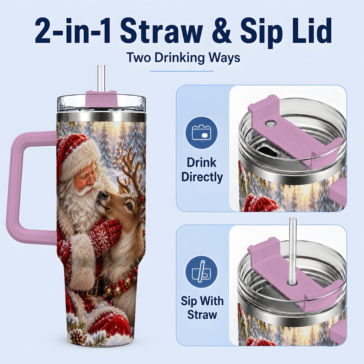 #pl[40oz|Pink] Santa Claus and Reindeer Winter Handled Tumbler 40oz
