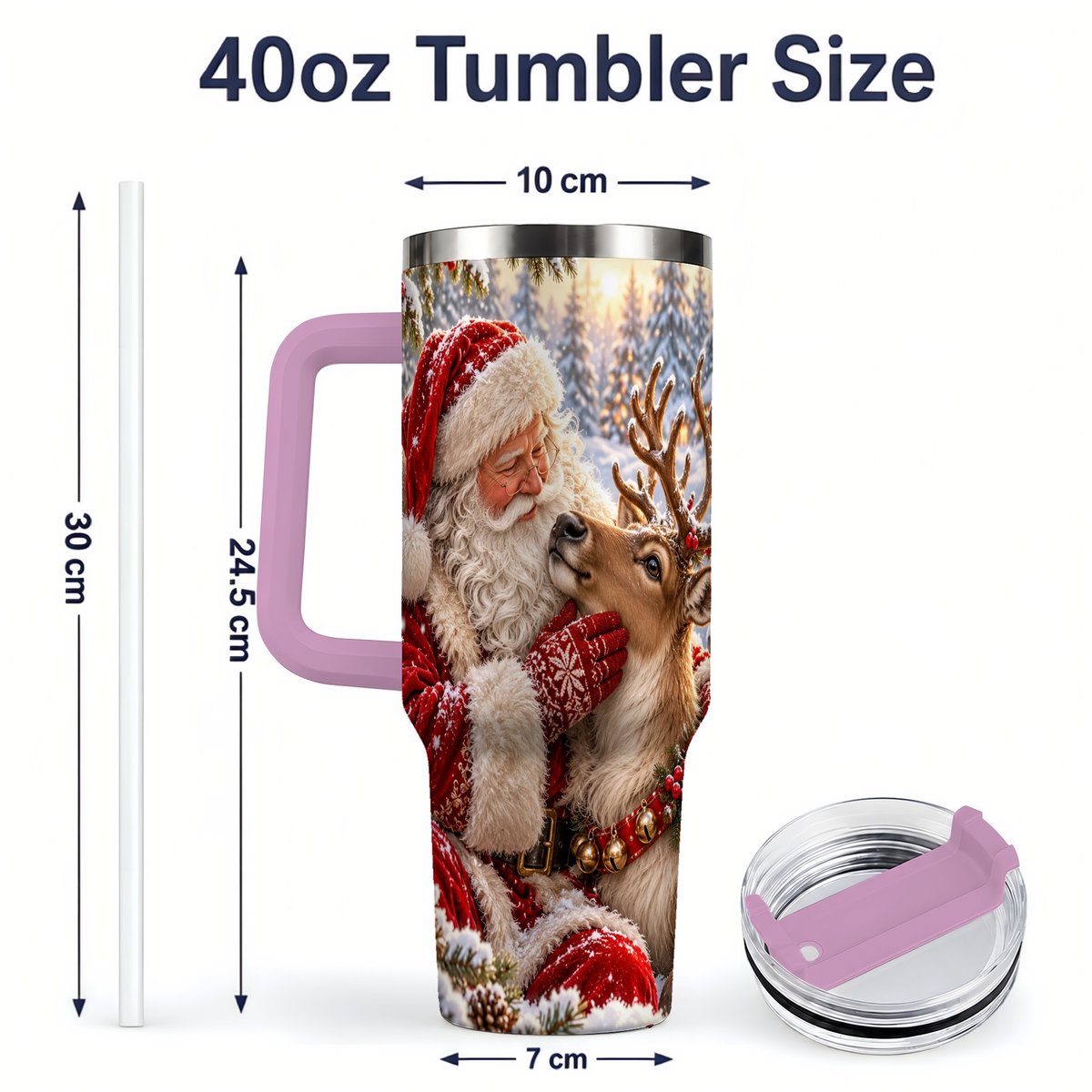 #pl[40oz|Pink] Santa Claus and Reindeer Winter Handled Tumbler 40oz