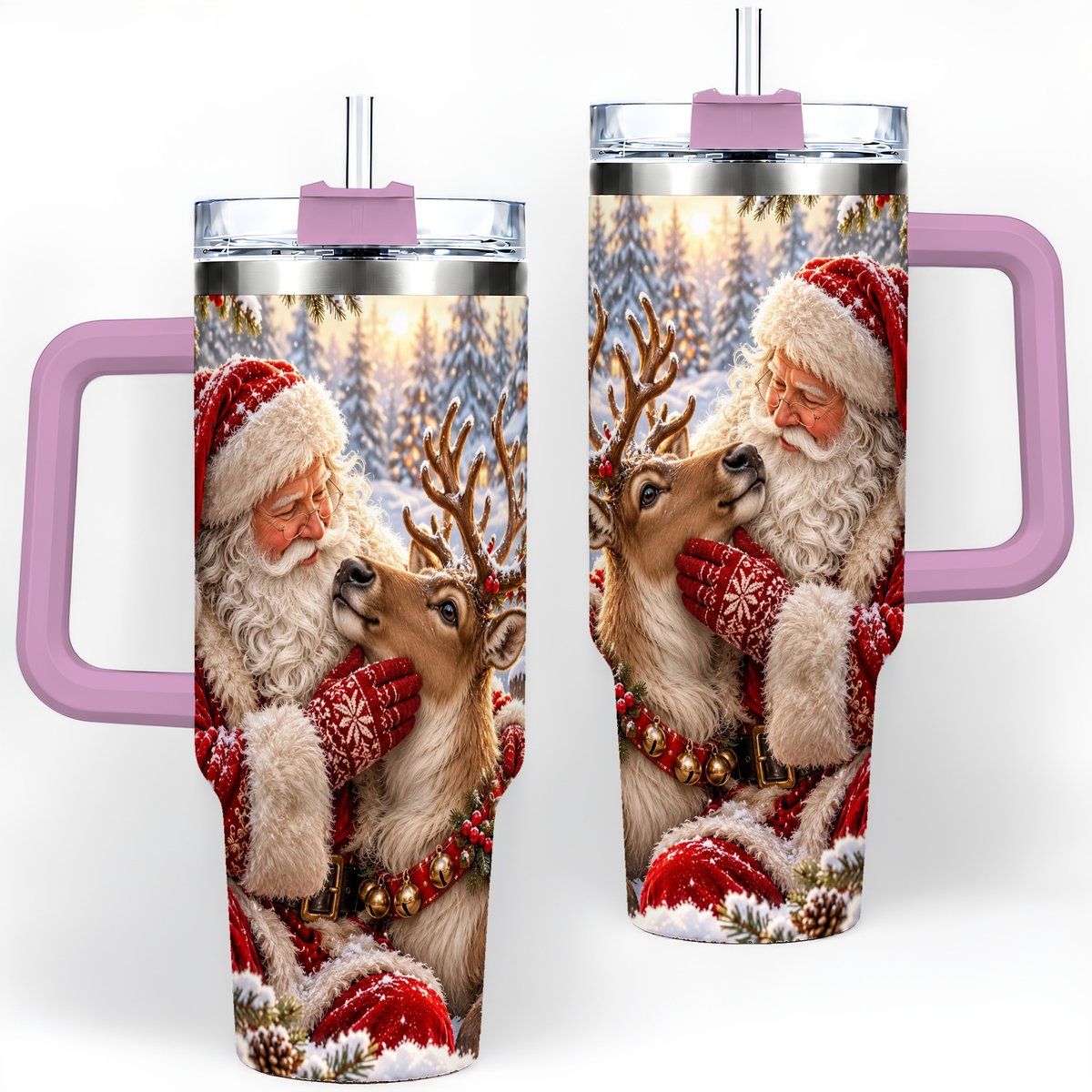 #pl[40oz|Pink] Santa Claus and Reindeer Winter Handled Tumbler 40oz
