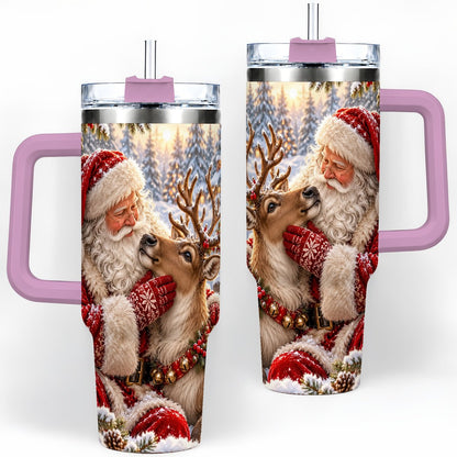 #pl[40oz|Pink] Santa Claus and Reindeer Winter Handled Tumbler 40oz