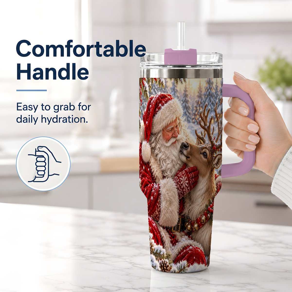 #pl[40oz|Pink] Santa Claus and Reindeer Winter Handled Tumbler 40oz