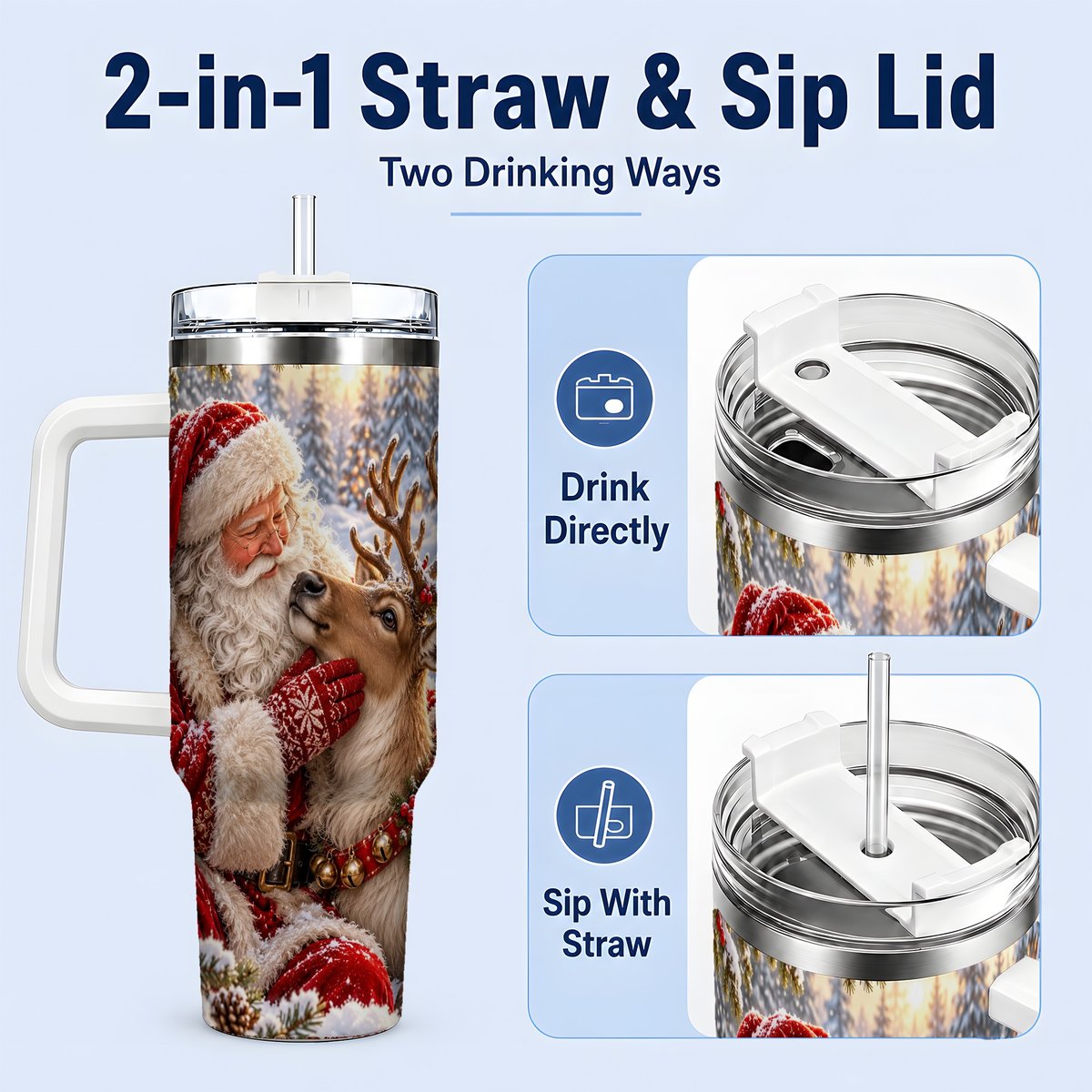 #pl[40oz|White] Santa Claus and Reindeer Winter Handled Tumbler 40oz