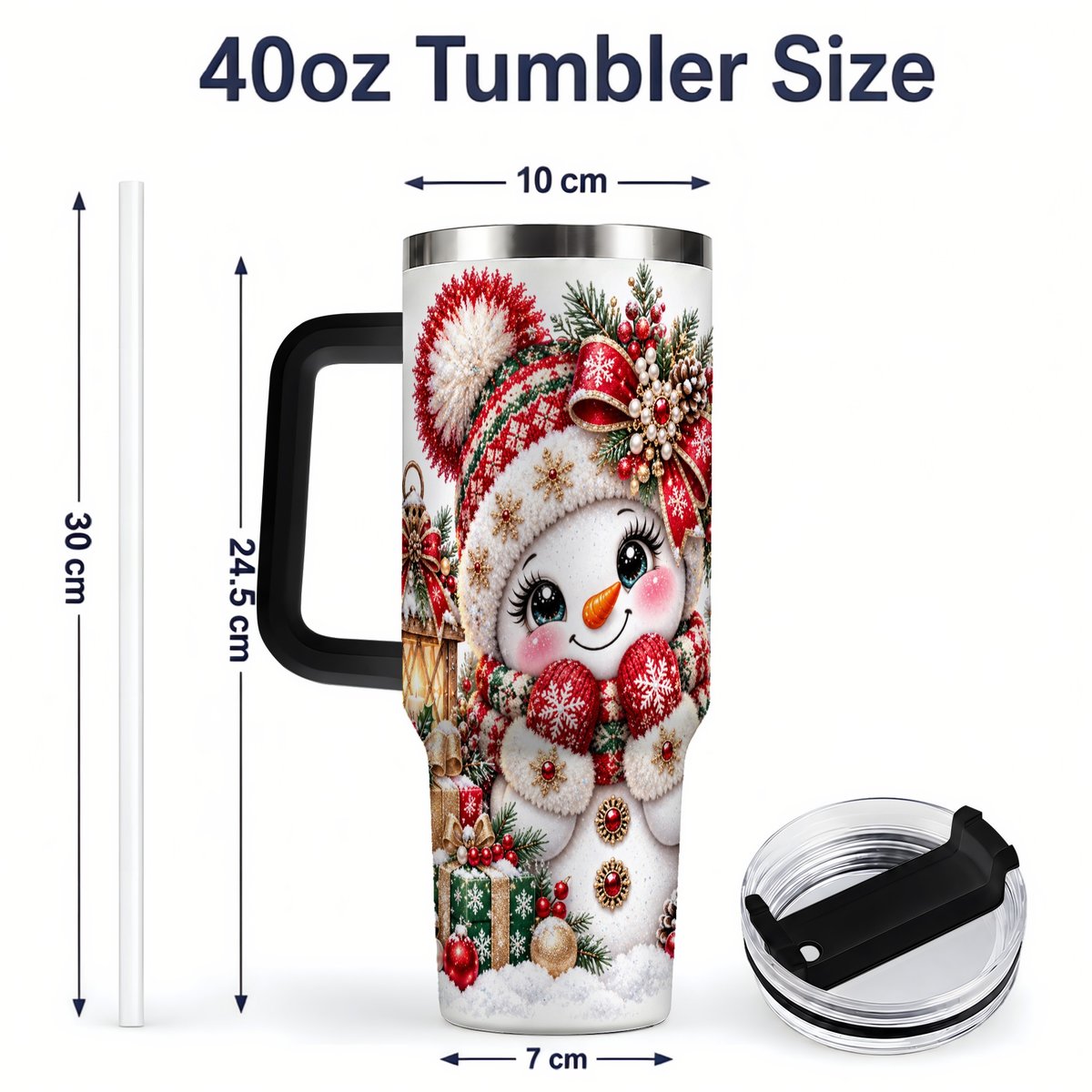 #pl[40oz|Black] Christmas Snowman Red Knit Hat Handled Tumbler 40oz
