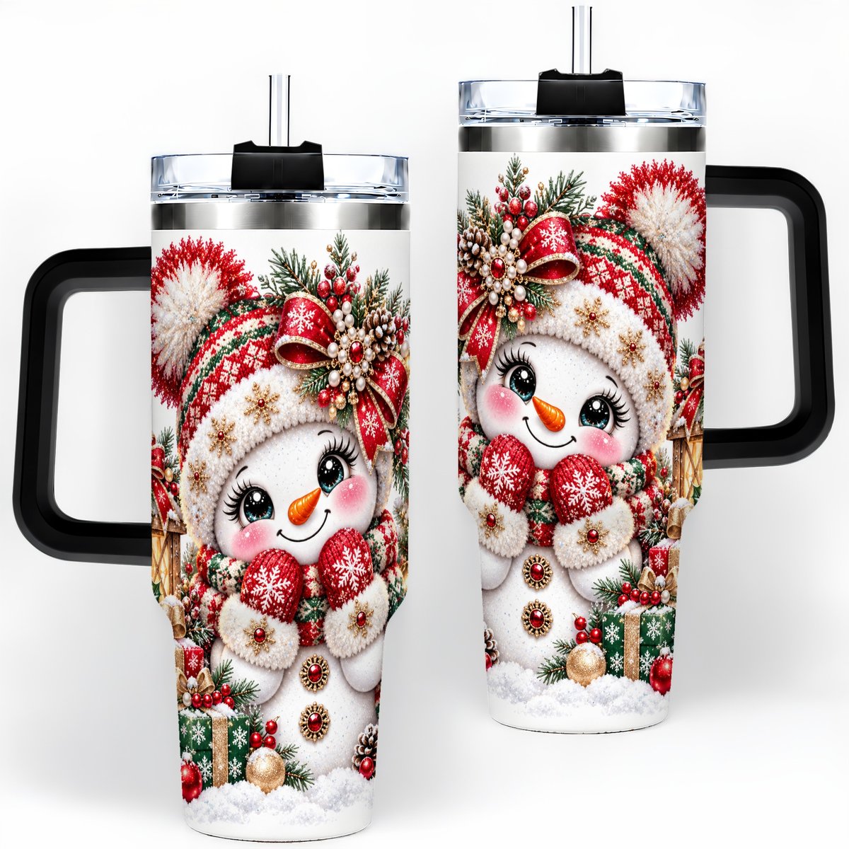 #pl[40oz|Black] Christmas Snowman Red Knit Hat Handled Tumbler 40oz