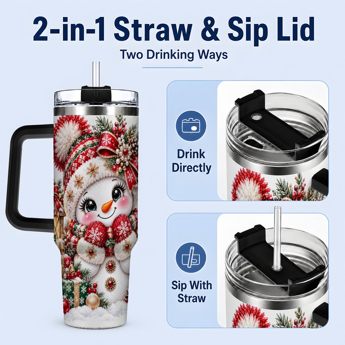 #pl[40oz|Black] Christmas Snowman Red Knit Hat Handled Tumbler 40oz