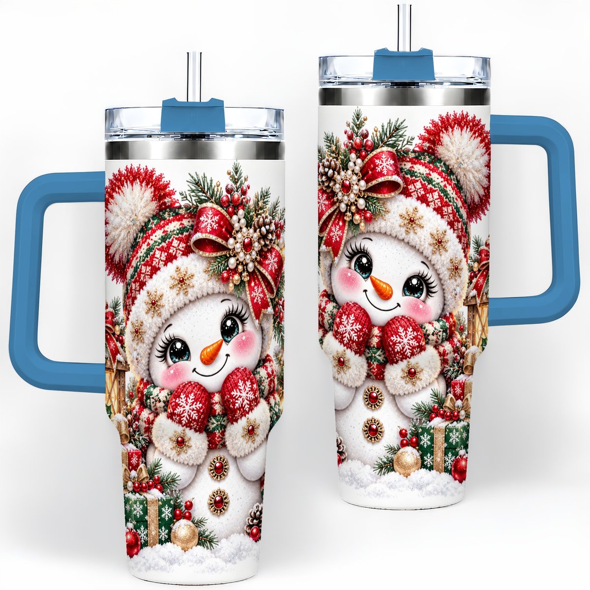 #pl[40oz|Blue] Christmas Snowman Red Knit Hat Handled Tumbler 40oz