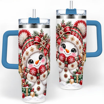 #pl[40oz|Blue] Christmas Snowman Red Knit Hat Handled Tumbler 40oz