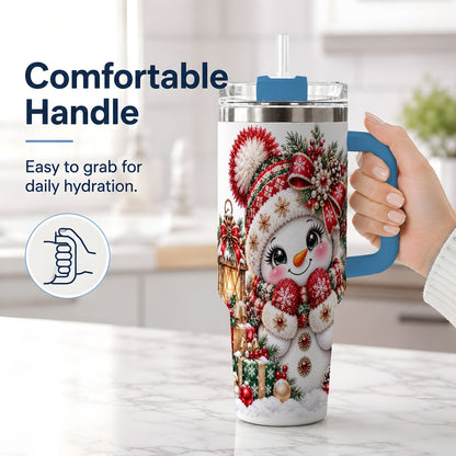 #pl[40oz|Blue] Christmas Snowman Red Knit Hat Handled Tumbler 40oz