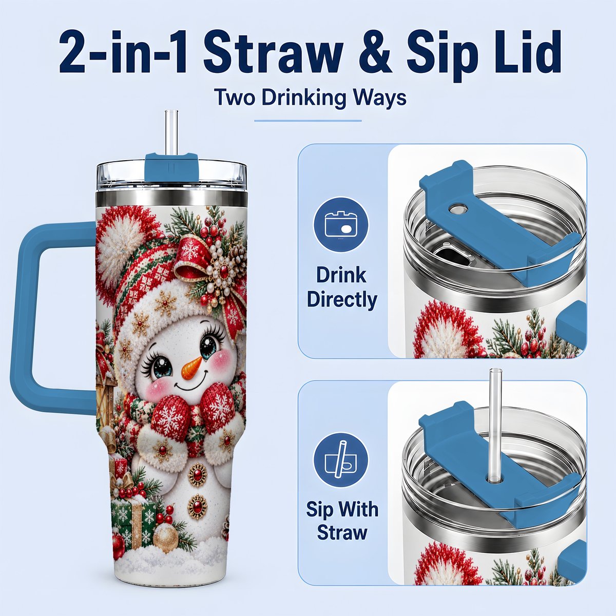 #pl[40oz|Blue] Christmas Snowman Red Knit Hat Handled Tumbler 40oz