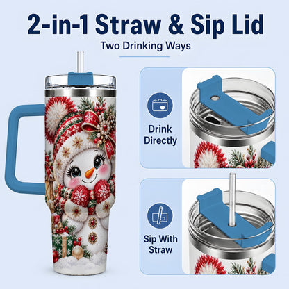 #pl[40oz|Blue] Christmas Snowman Red Knit Hat Handled Tumbler 40oz