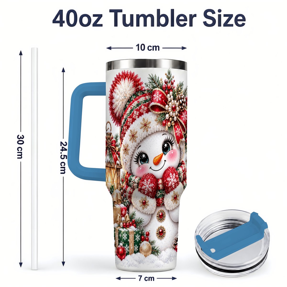 #pl[40oz|Blue] Christmas Snowman Red Knit Hat Handled Tumbler 40oz