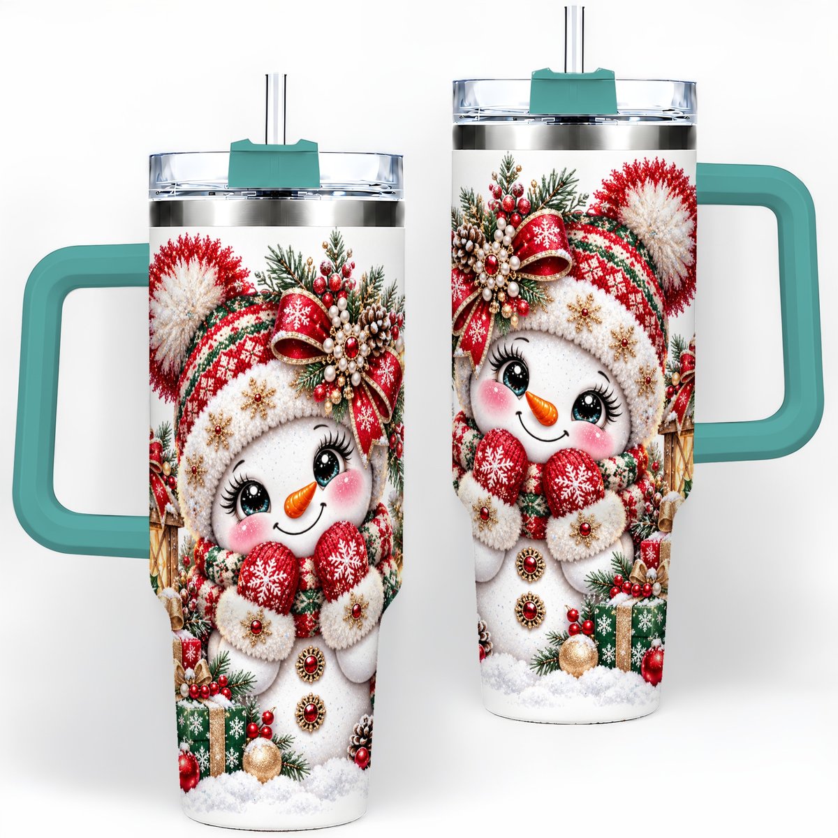 #pl[40oz|Green] Christmas Snowman Red Knit Hat Handled Tumbler 40oz
