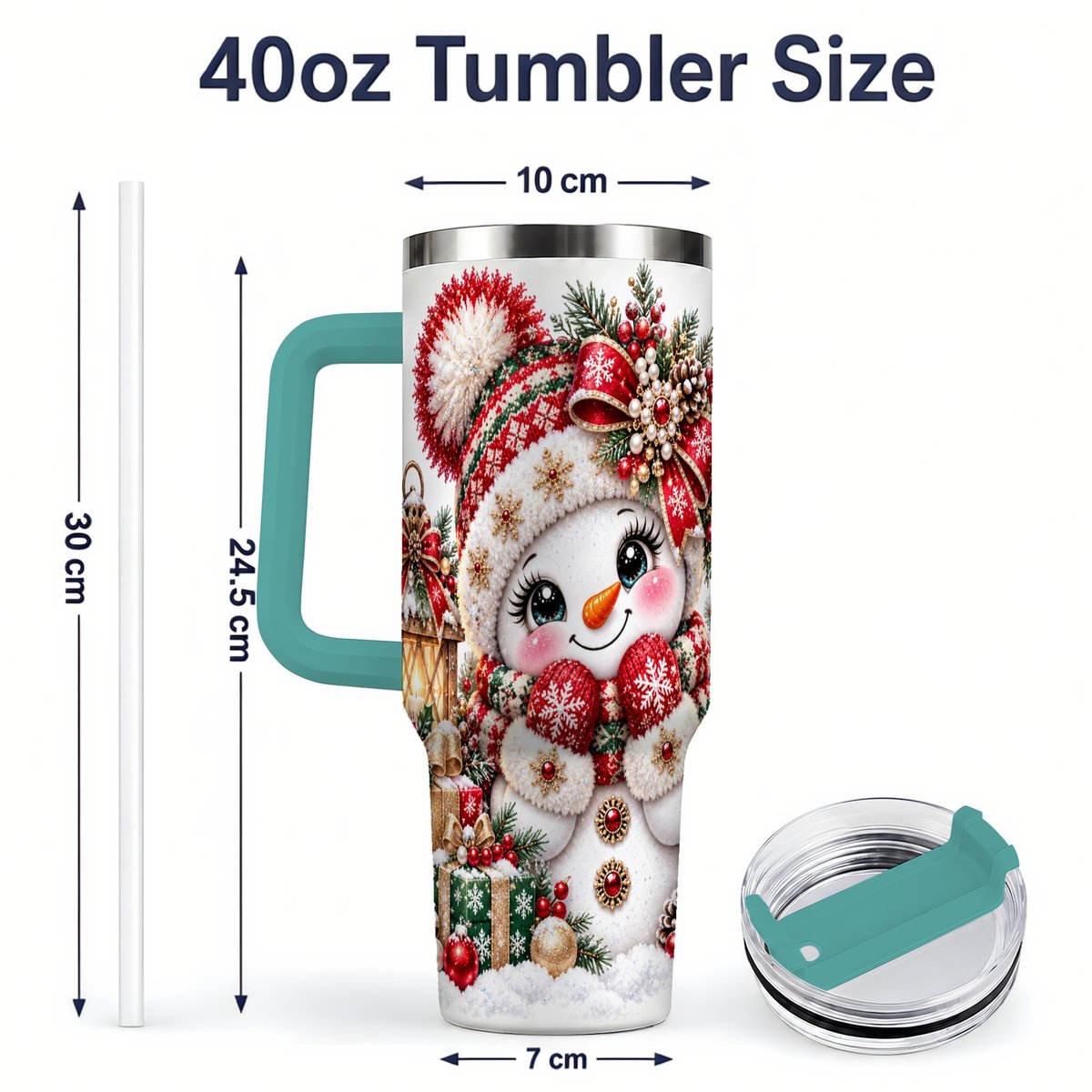 #pl[40oz|Green] Christmas Snowman Red Knit Hat Handled Tumbler 40oz