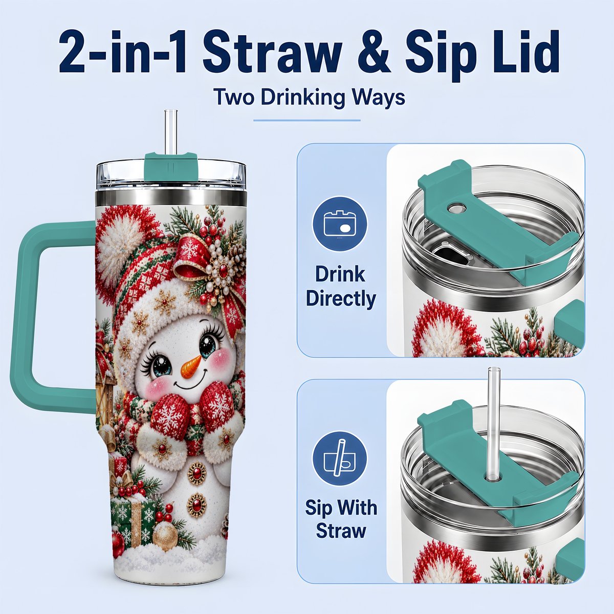 #pl[40oz|Green] Christmas Snowman Red Knit Hat Handled Tumbler 40oz