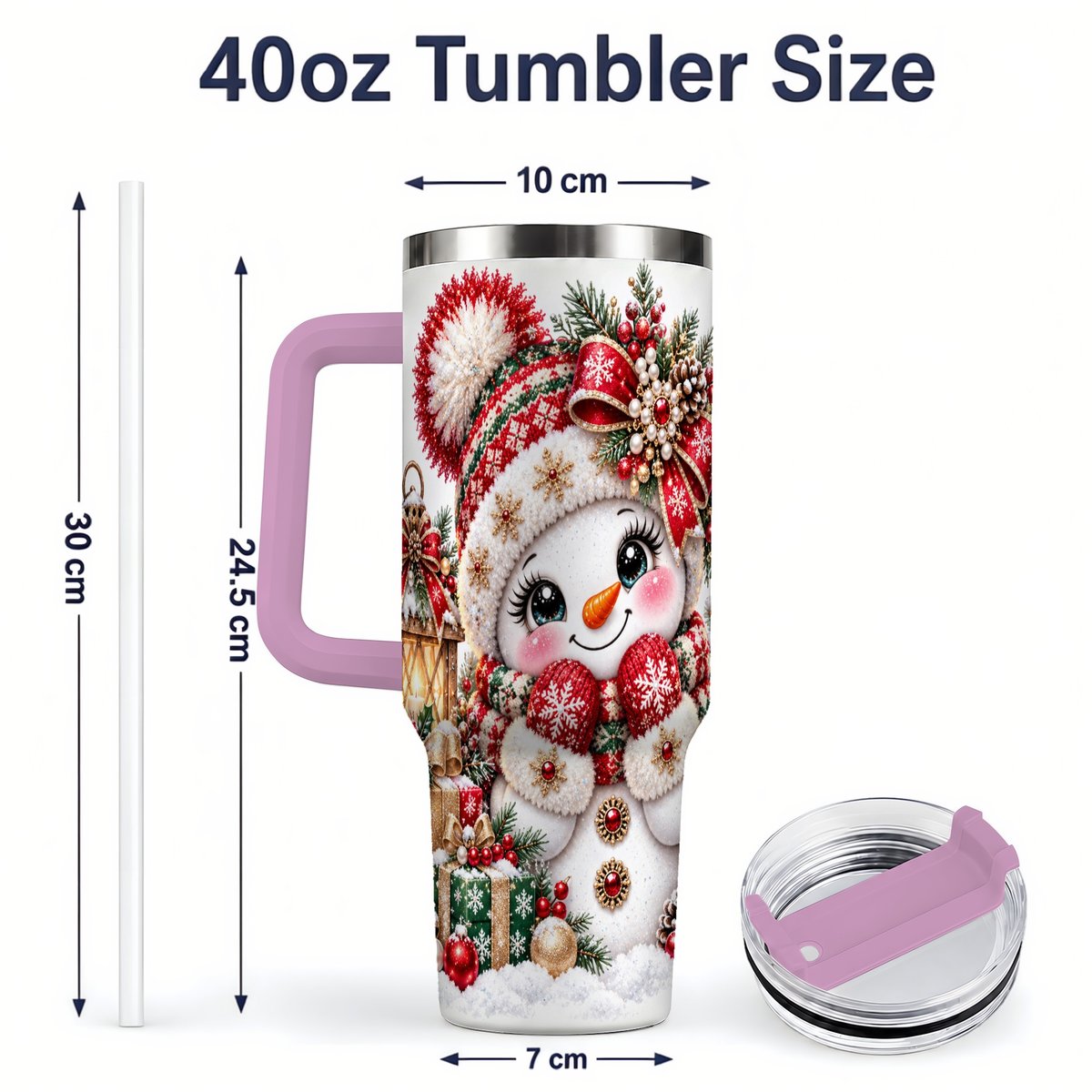 #pl[40oz|Pink] Christmas Snowman Red Knit Hat Handled Tumbler 40oz